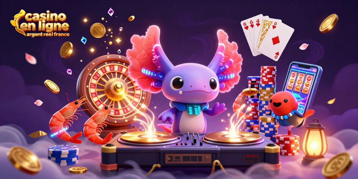 Vivez l'excitation du casino en ligne argent réel France avec un axolotl DJ entouré de pièces d'or et de jackpots scintillants.