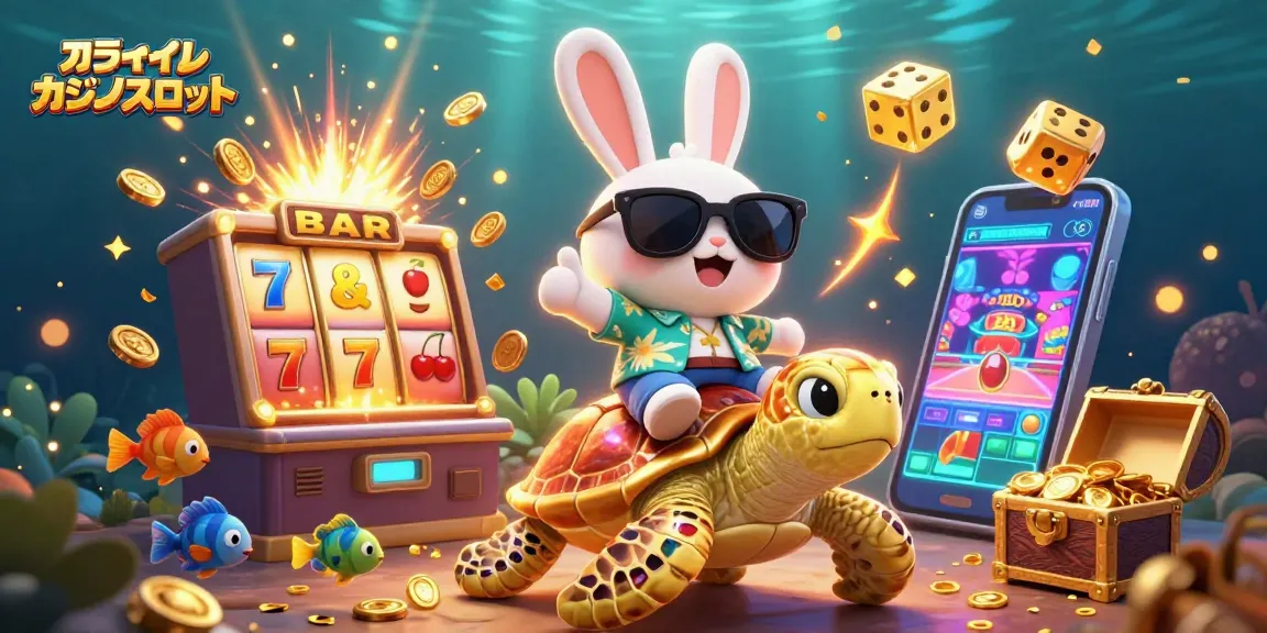 オンライン カジノスロットの楽しさを体験するラッキーハンドを持つウサギのイラスト。