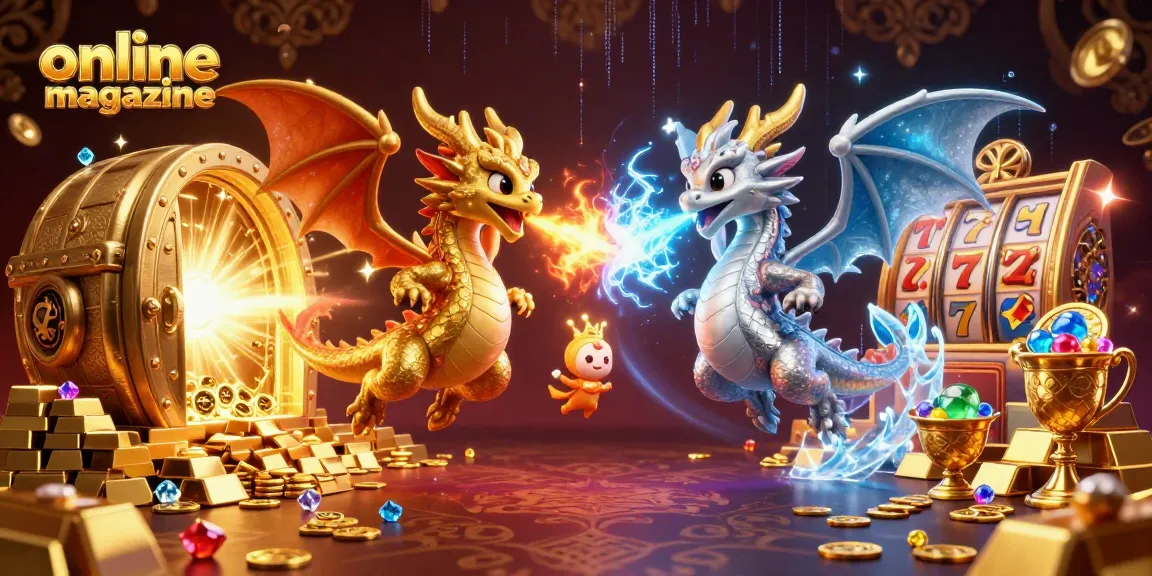 Engage with the thrilling realm of an online magazine featuring a dynamic dragon duel in a vibrant casino setting.