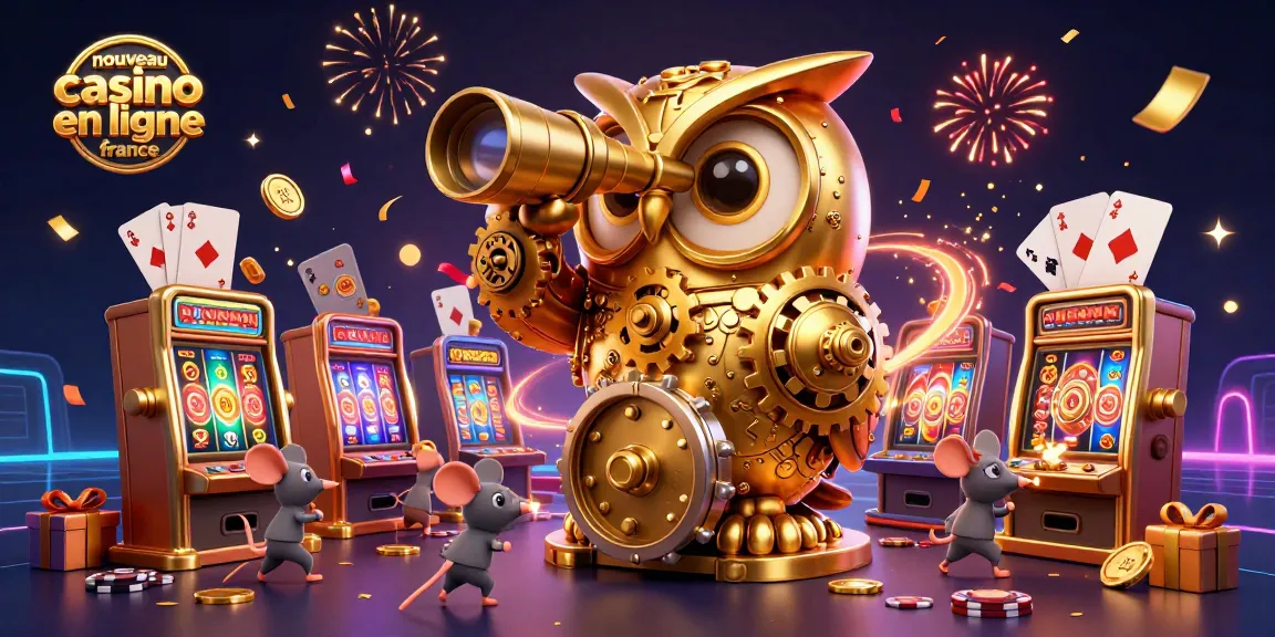 Nouveau casino en ligne France: une illustration 3D dynamique d'un hibou en or surveillant des machines à sous.