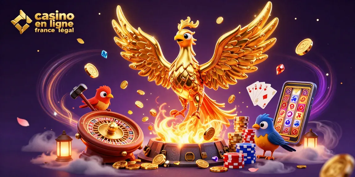 Plonger dans l'univers de casino en ligne france légal avec une scène dynamique illustrant un phénix doré et des assistants.