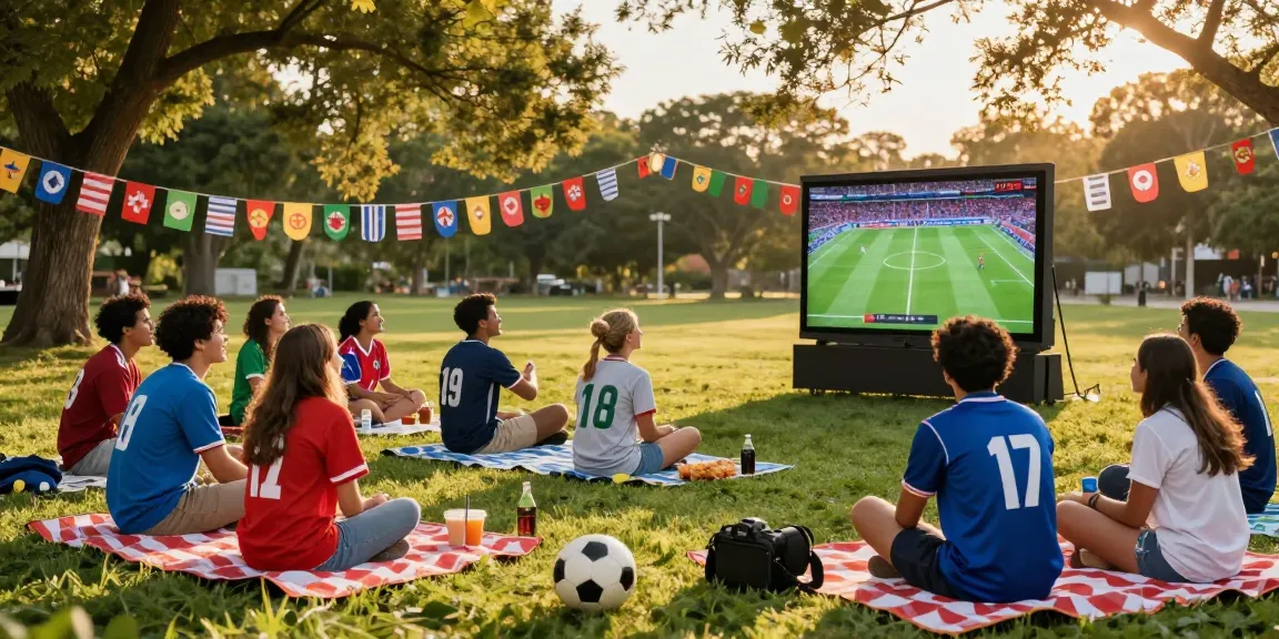 Menonton live bola bersama teman di taman saat pertandingan, suasana ceria.