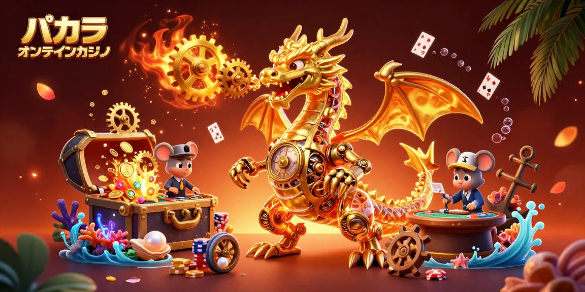 バカラ オンラインカジノを楽しむ光景。ダイナミックなゲーム要素に囲まれたドラゴンとエンジニア。