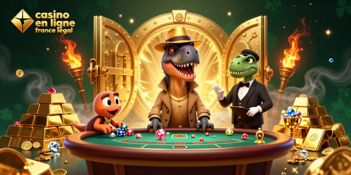 Illustration d'un casino en ligne France légal avec un vélociraptor comptant des cartes à une table de blackjack.