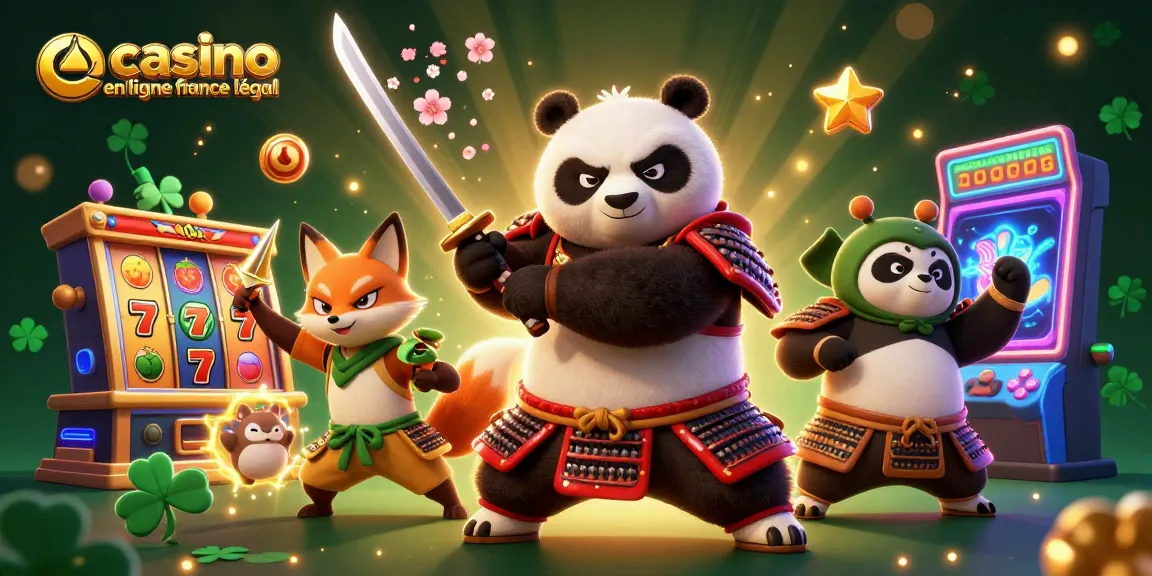 Jouez au casino en ligne légal en France avec notre samouraï panda et un esprit aura magique, plongé dans une scène dynamique de jeux d'arcade.