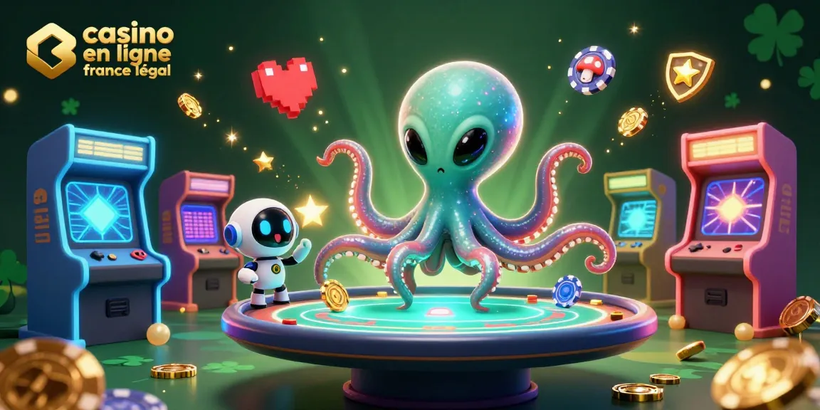 Jouer au casino en ligne France légal avec une illustration d'un poulpe cosmique et un robot entourés de jetons en forme d'astéroïdes.