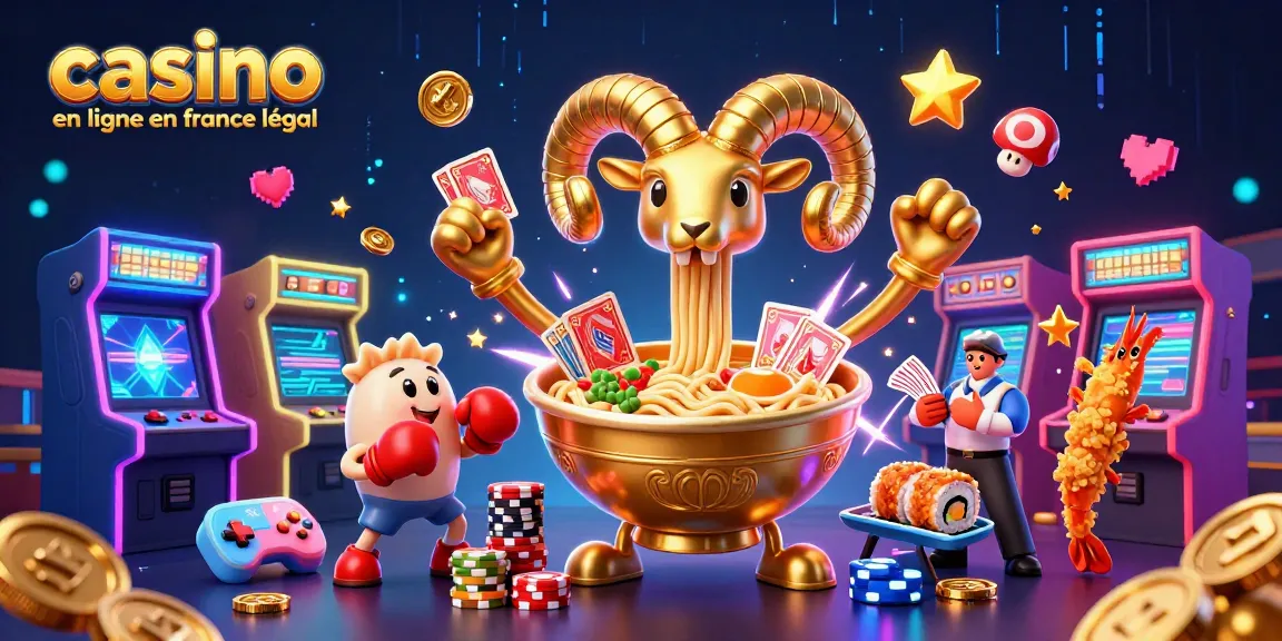 Illustration dynamique d'un casino en ligne en France légal avec un bol de ramen géant, révélant des cartes et jetons pour le poker.